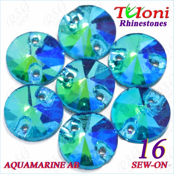 Strass Tuloni 10 pcs col. Aquamarine AB 16 Round Sew-On Flat Back