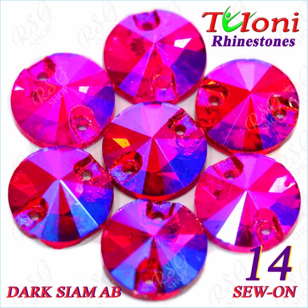 Strass Tuloni 10 pcs Dark Siam AB 14 Round Sew-On Flat Back