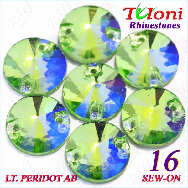 Strass Tuloni 10 pcs col. Light Peridot AB 16 Round Sew-On Flat Back